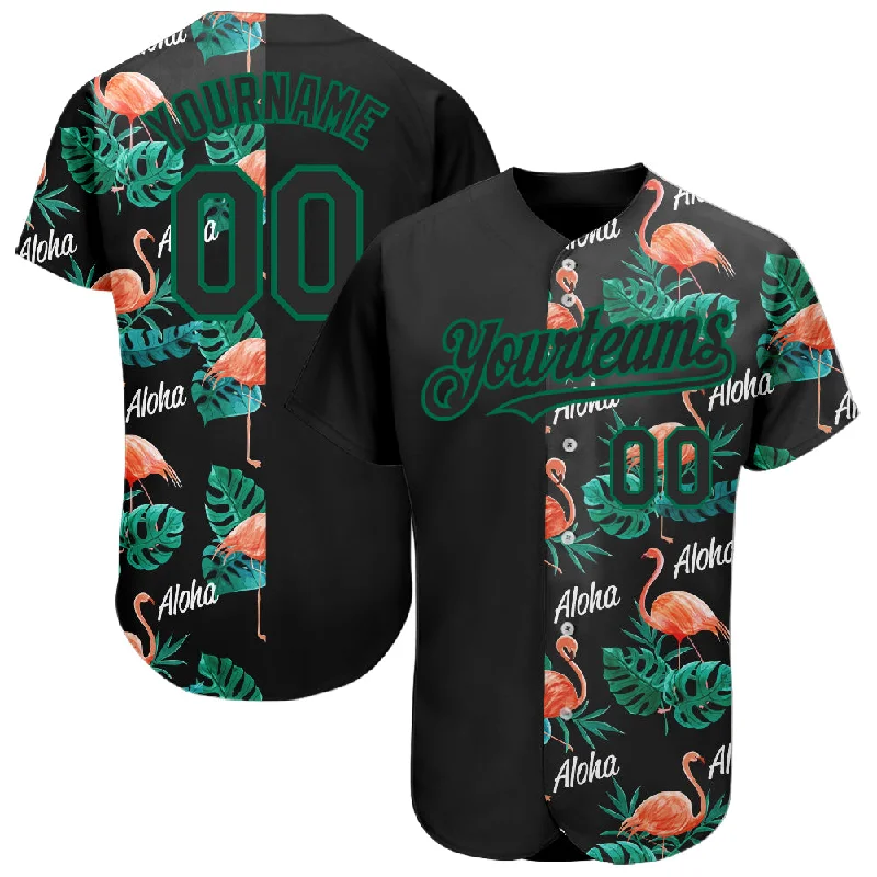 Customizable baseball jerseys with name and numberCustom Black Kelly Green 3D Pattern Design Hawaii Flamingos And Leaves Authentic Baseball Jersey