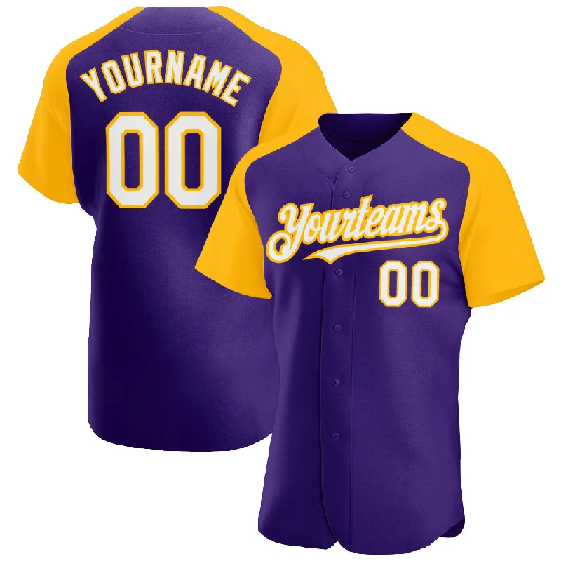 Vintage baseball jerseys for collectorsCustom Purple White-Gold Authentic Raglan Sleeves Baseball Jersey