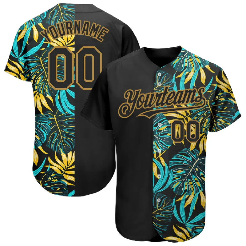 Custom baseball jerseys for teamsCustom Black Old Gold 3D Pattern Design Hawaii Tropical Palm Leaves Authentic Baseball Jersey