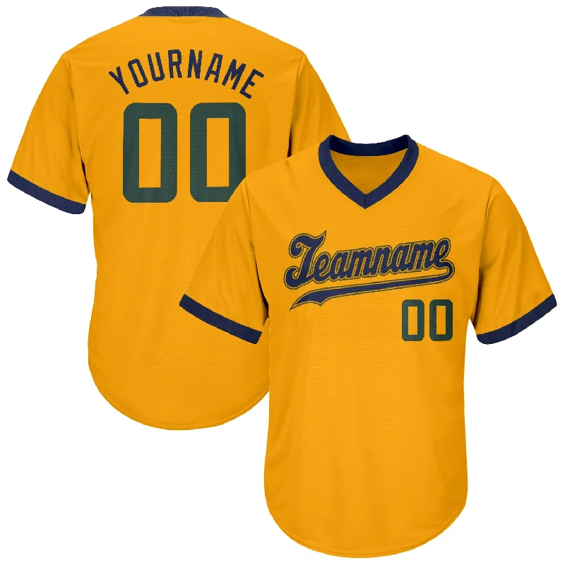 Personalized baseball jerseys for menCustom Gold Hunter Green-Navy Authentic Throwback Rib-Knit Baseball Jersey Shirt