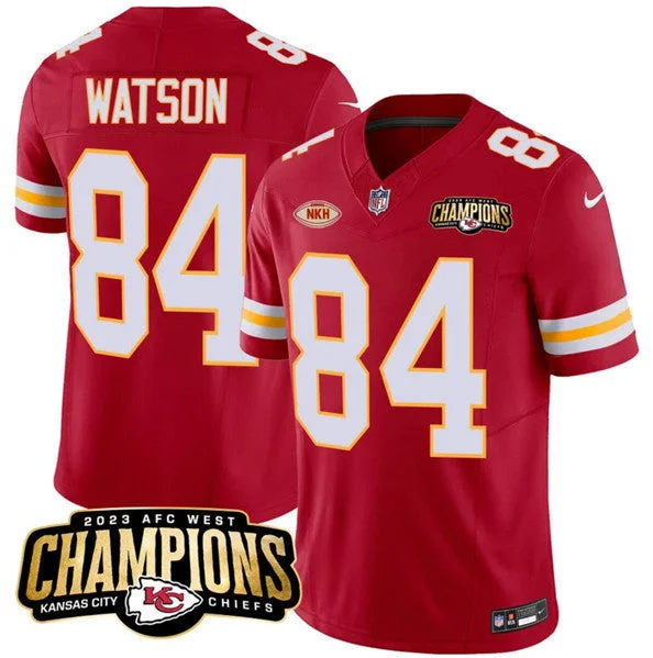 Professional soccer jerseys with quality stitchingMen’s Kansas City Chiefs #84 Justin Watson Red 2023 F.U.S.E. AFC West Champions With "NKH" Patch Vapor Untouchable Limited Football Stitched Jersey