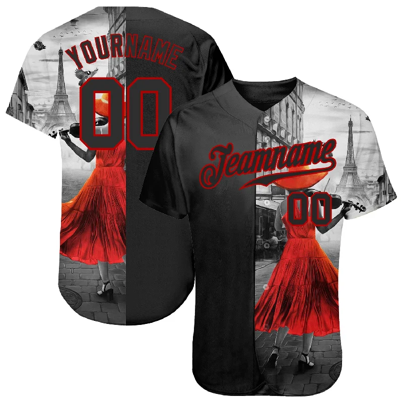 Comfortable baseball jerseys for warm weatherCustom Black Black-Red 3D Pattern Design A Girl With The Eiffel Tower Authentic Baseball Jersey