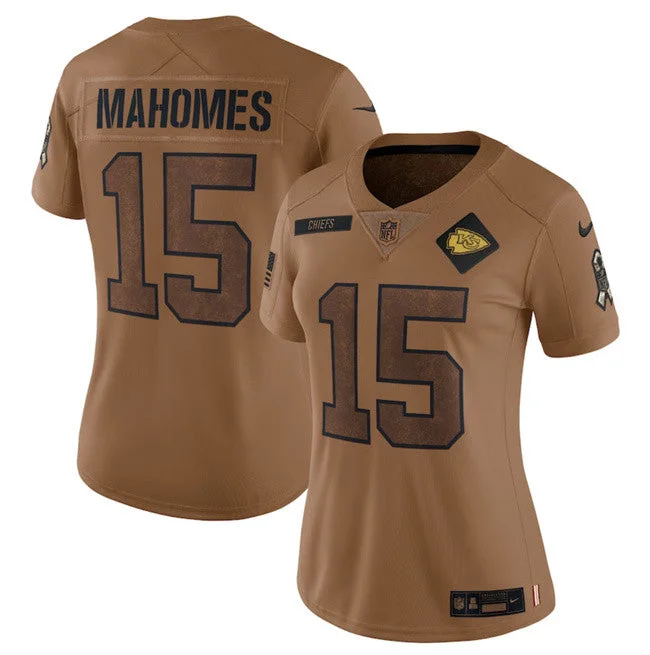 Soccer jerseys for fans with player namesWomen's Kansas City Chiefs #15 Patrick Mahomes 2023 Brown Salute To Service Limited Football Stitched Jersey(Run Small)