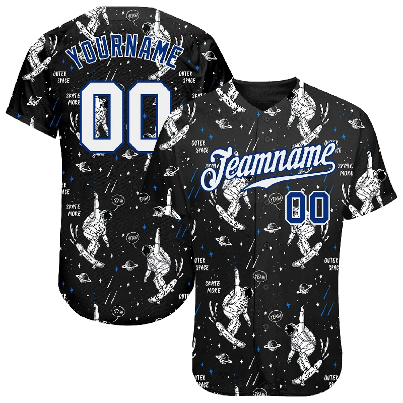 Youth baseball jerseys for boysCustom Black White-Royal 3D Pattern Design Astronaut Authentic Baseball Jersey