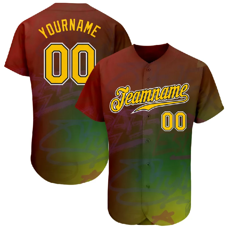 Comfortable baseball jerseys for warm weatherCustom Graffiti Pattern Gold-Black 3D Authentic Baseball Jersey