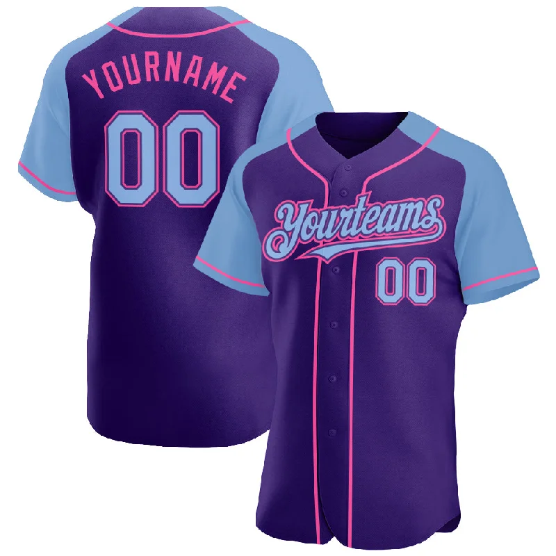 Softball team jerseys for womenCustom Purple Light Blue-Pink Authentic Raglan Sleeves Baseball Jersey