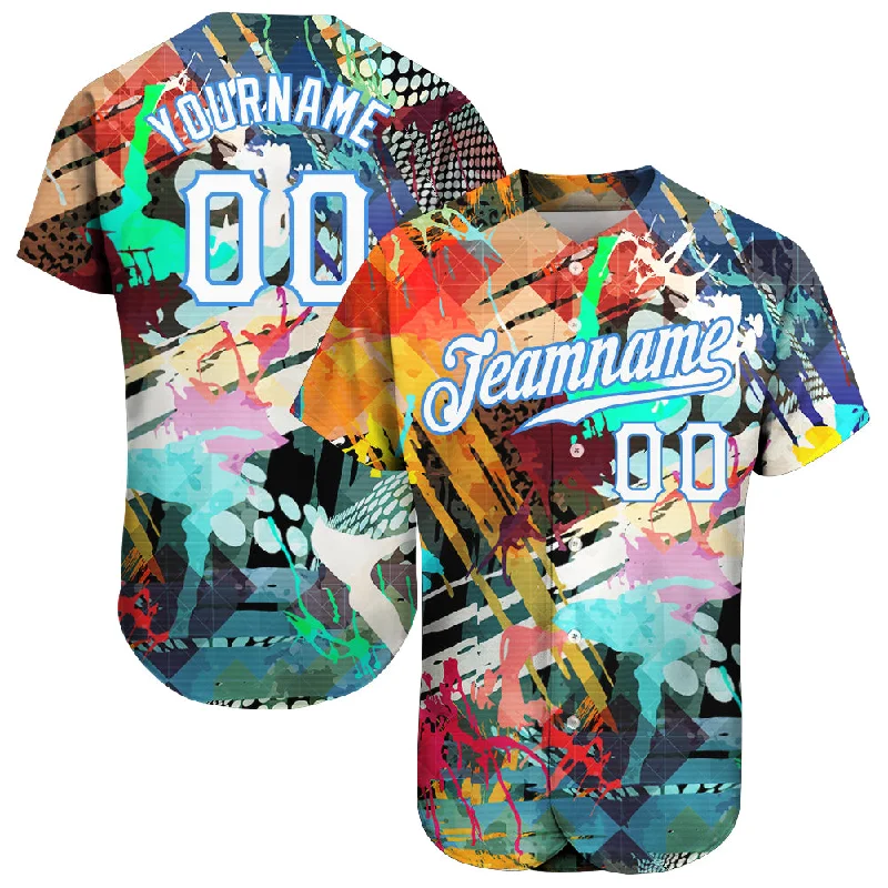 Softball team jerseys for womenCustom Graffiti Colored Abstract Pattern White-Light Blue 3D Authentic Baseball Jersey