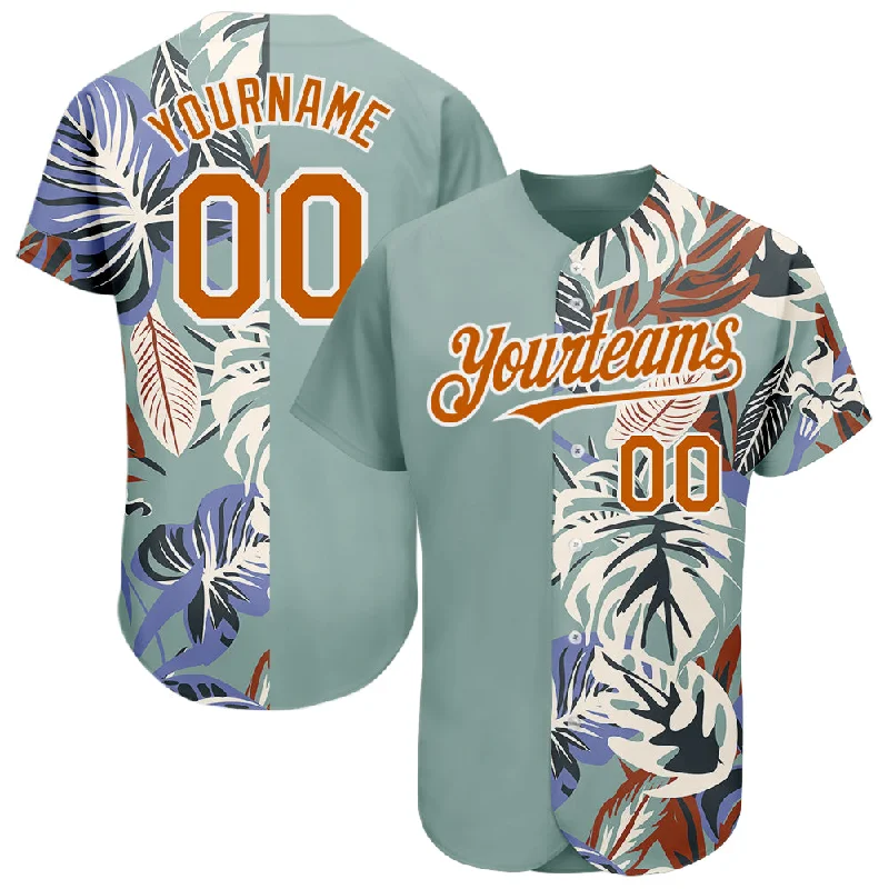 Softball team jerseys for womenCustom Teal Texas Orange-White 3D Pattern Design Hawaii Tropical Palm Leaves Authentic Baseball Jersey