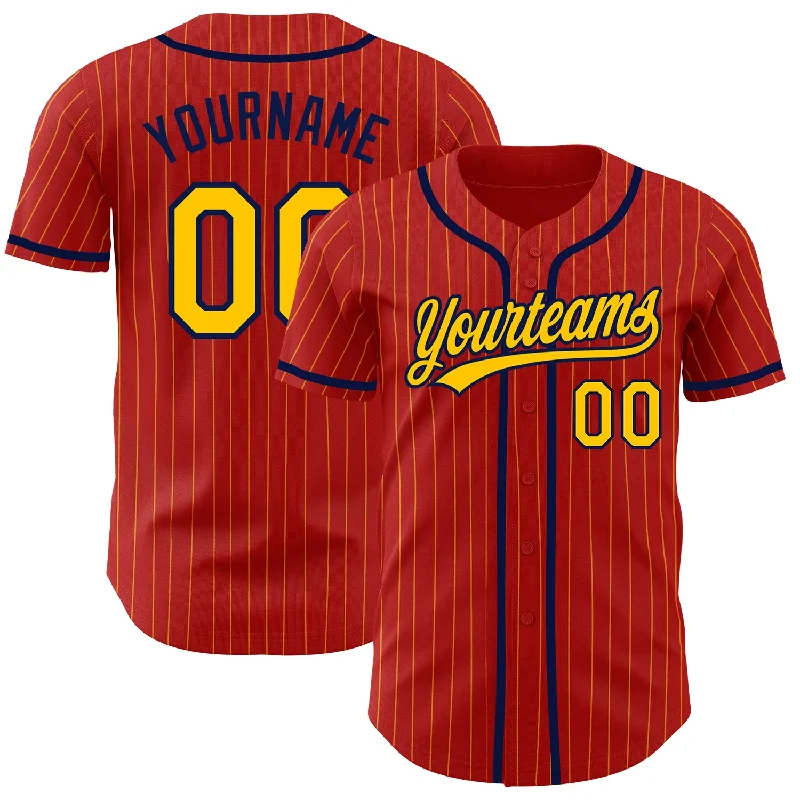 Baseball jerseys for summer leaguesCustom Red Yellow Pinstripe Navy Authentic Baseball Jersey