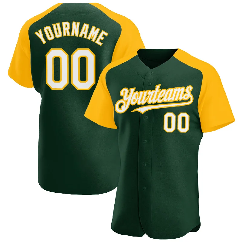 Baseball jerseys for summer leaguesCustom Green White-Gold Authentic Raglan Sleeves Baseball Jersey