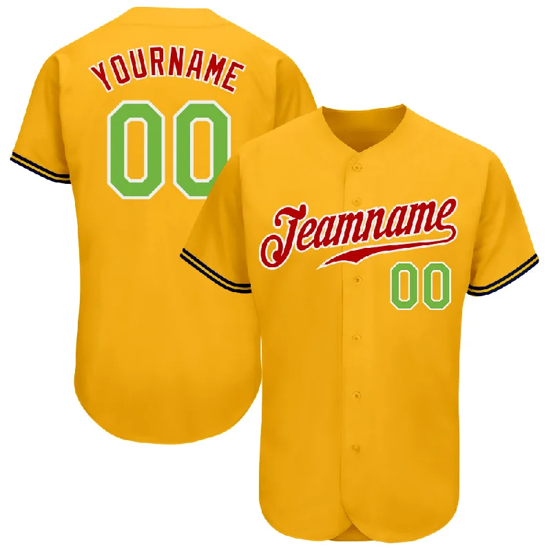 Customizable baseball jerseys with name and numberCustom Gold Neon Green-Red Authentic Baseball Jersey