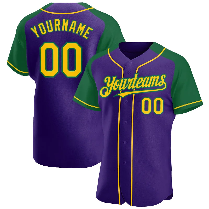 Customizable baseball jerseys with name and numberCustom Purple Yellow-Kelly Green Authentic Raglan Sleeves Baseball Jersey