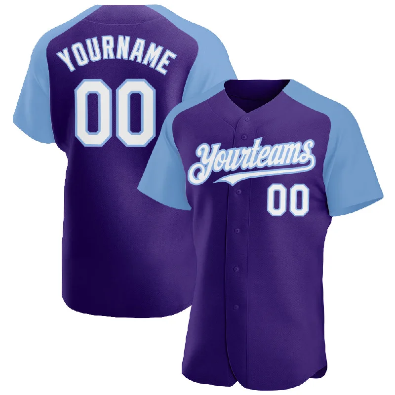 Premium quality baseball jerseys for adultsCustom Purple White-Light Blue Authentic Raglan Sleeves Baseball Jersey