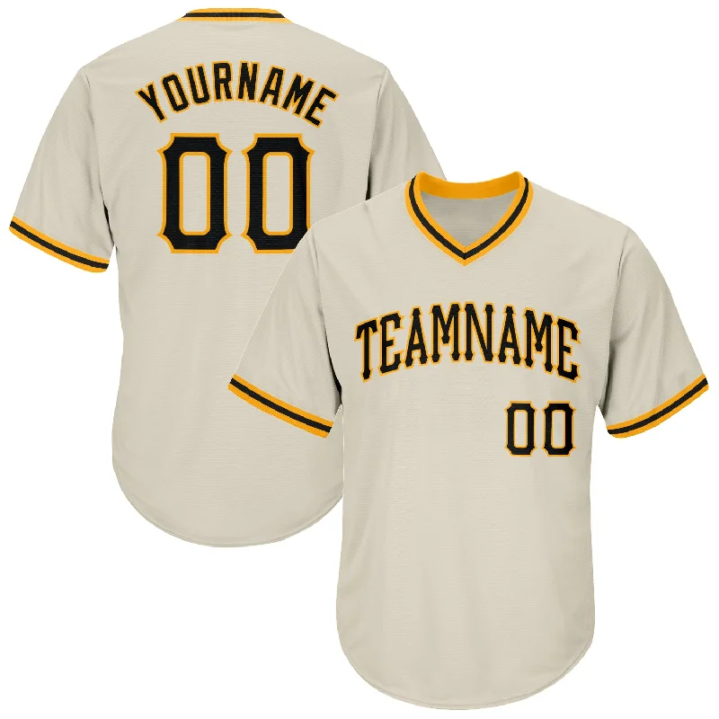 Customizable baseball jerseys with name and numberCustom Cream Black-Gold Authentic Throwback Rib-Knit Baseball Jersey Shirt