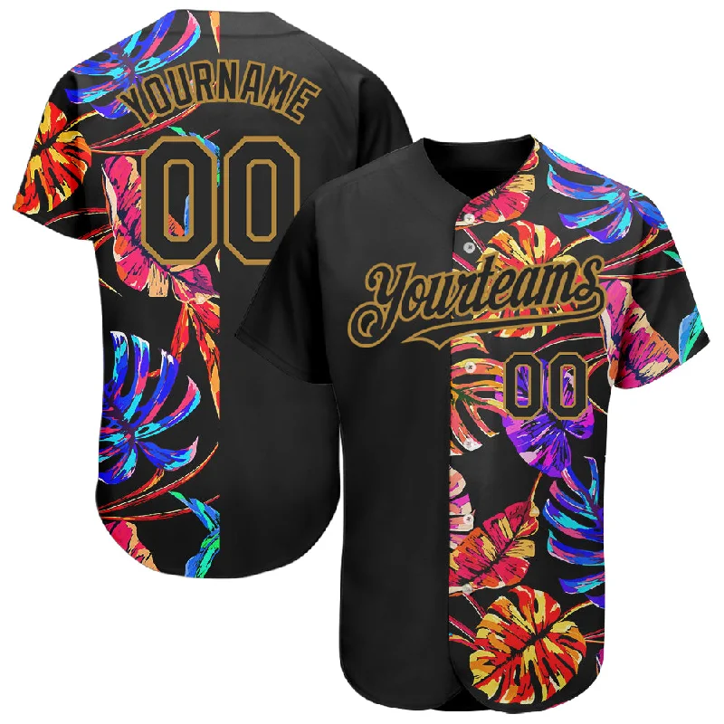 Youth baseball jerseys for boysCustom Black Old Gold 3D Pattern Design Hawaii Tropical Palm Leaves Authentic Baseball Jersey