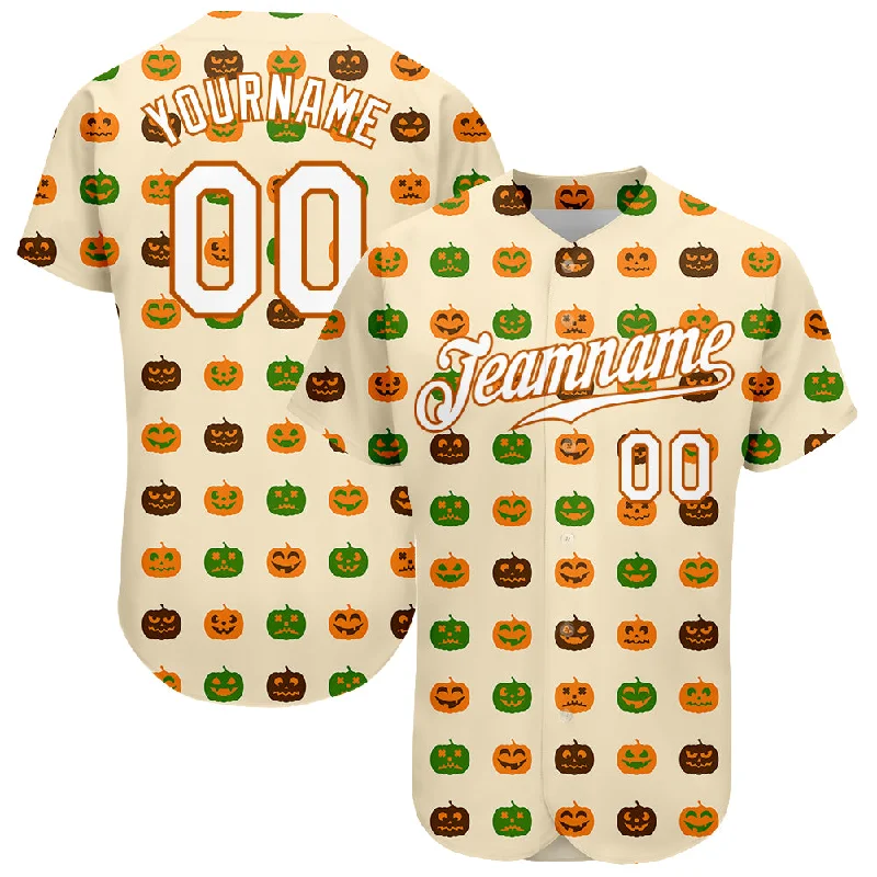 Comfortable baseball jerseys for warm weatherCustom Cream White-Texas Orange 3D Pattern Design Halloween Pumpkins Authentic Baseball Jersey