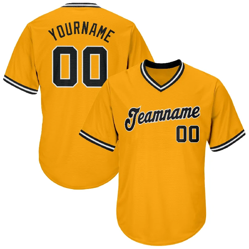 Customizable baseball jerseys with name and numberCustom Gold Black-White Authentic Throwback Rib-Knit Baseball Jersey Shirt