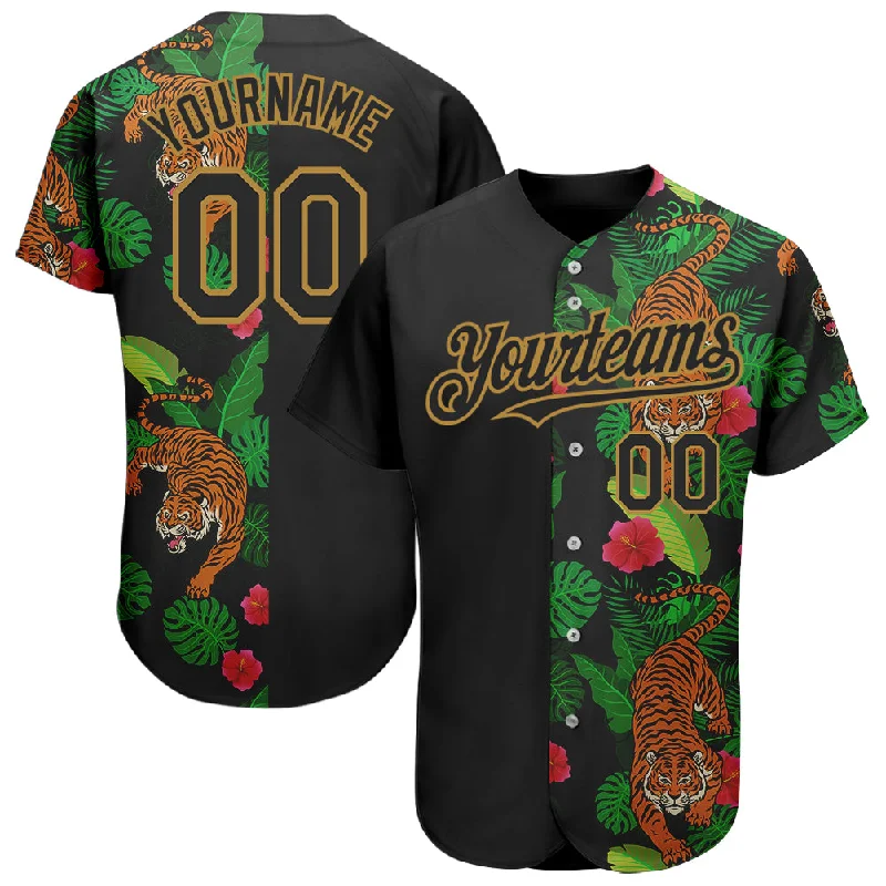 Premium quality baseball jerseys for adultsCustom Black Old Gold 3D Pattern Design Hawaii Tropical Tiger Authentic Baseball Jersey