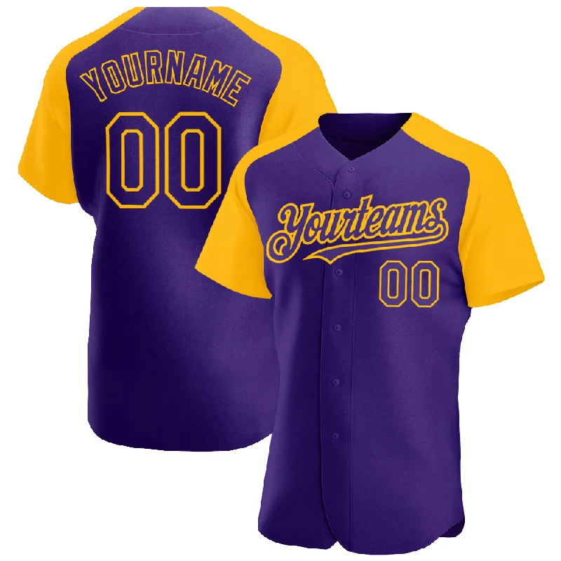 Custom baseball jerseys for teamsCustom Purple Gold Authentic Raglan Sleeves Baseball Jersey