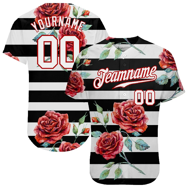 Softball team jerseys for womenCustom Black White-Red 3D Pattern Design Mandalas Authentic Baseball Jersey