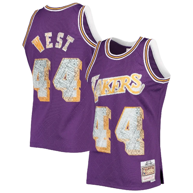 Basketball jerseys with mesh fabric for ventilationJerry West Los Angeles Lakers 1971/72 Hardwood Classics 75th Anniversary Diamond Swingman Basketball Jersey - Purple