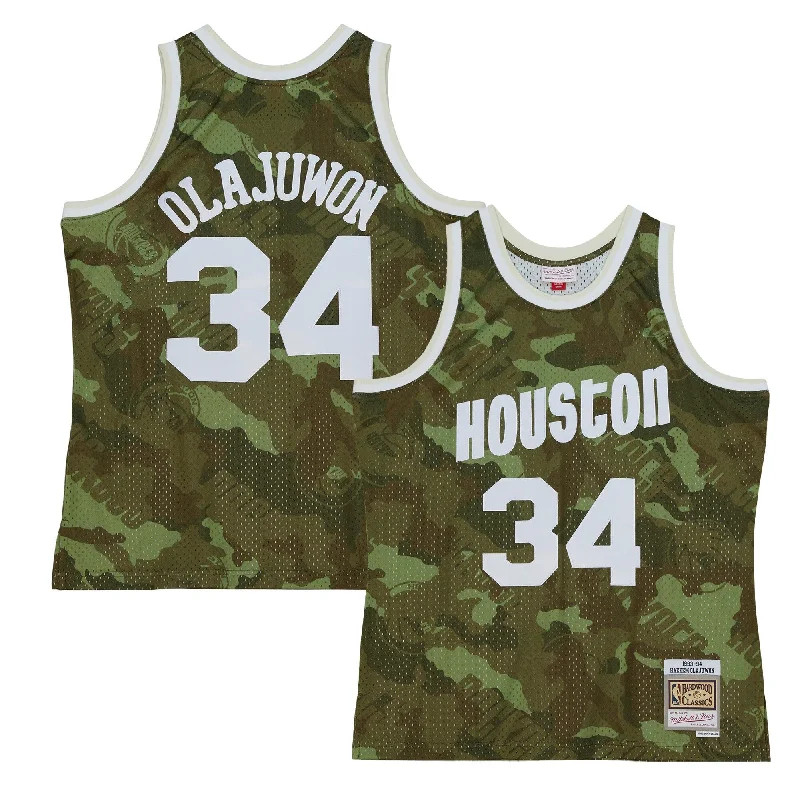 Custom basketball jerseys with team logosHakeem Olajuwon Houston Rockets Hardwood Classics 1993/94 Ghost Green Swingman Basketball Jersey - Camo