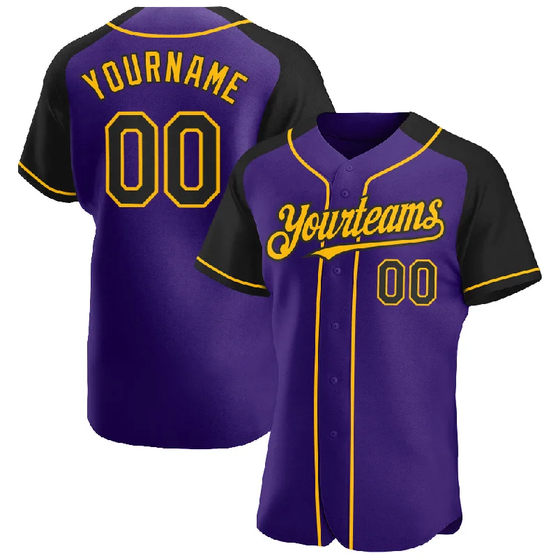 Baseball jerseys for youth athletesCustom Purple Black-Gold Authentic Raglan Sleeves Baseball Jersey