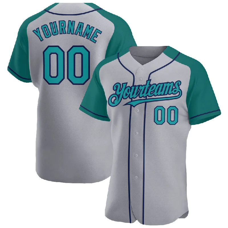 Softball team jerseys for womenCustom Gray Teal-Navy Authentic Raglan Sleeves Baseball Jersey