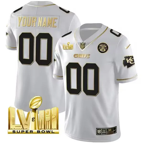 Personalized soccer jerseys for family eventsMen's Kansas City Chiefs Active Player Custom White With Gold Super Bowl LVIII Patch Vapor Untouchable Limited Football Stitched Jersey