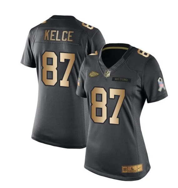 Retro-style soccer jerseys for fansWomen's Kansas City Chiefs #87 Travis Kelce 2023 Black/Gold Salute To Service Limited Football Stitched Jersey(Run Small)