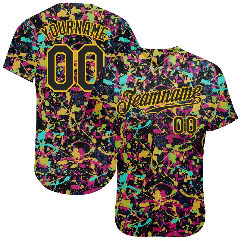 Personalized baseball jerseys for menCustom Graffiti Pattern Black-Gold 3D Grunge Shabby Authentic Baseball Jersey