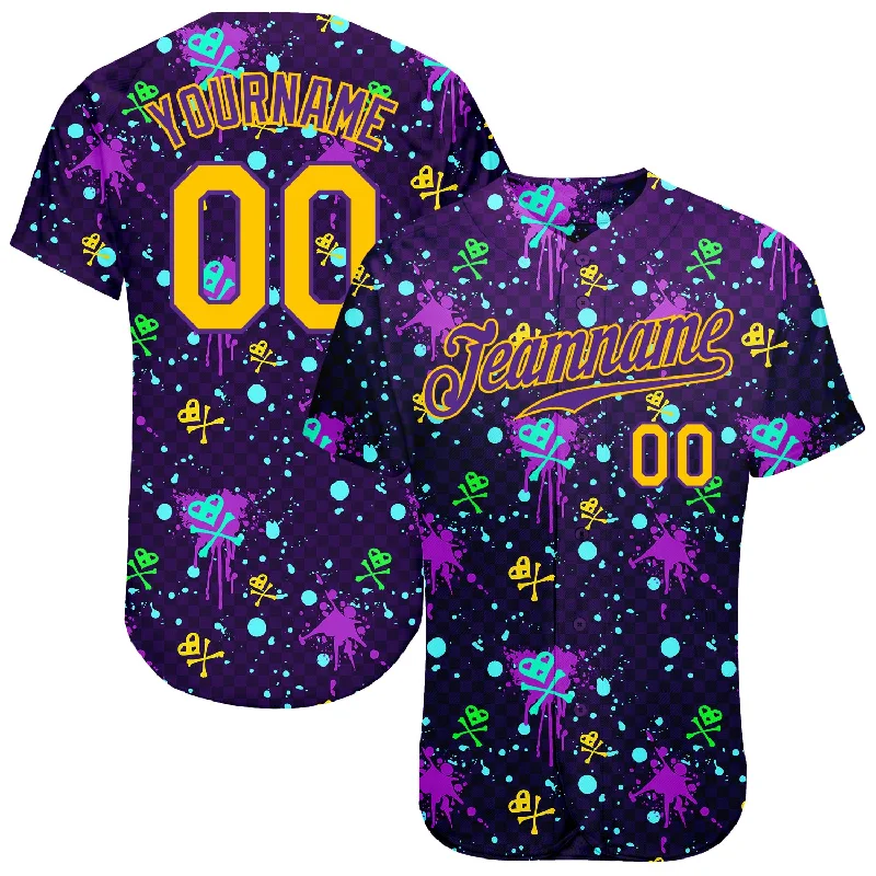 Vintage baseball jerseys for collectorsCustom Graffiti Pattern Gold-Purple 3D Clashing Colors Paint-Splatter Authentic Baseball Jersey