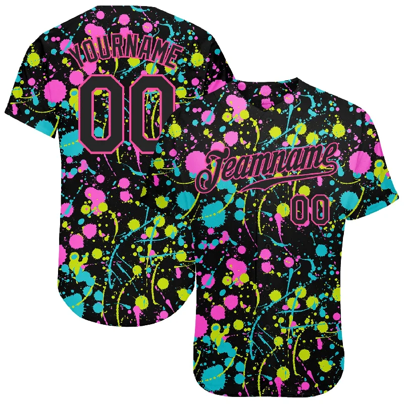 Youth baseball jerseys for boysCustom Graffiti Pattern Black-Pink 3D Neon Splatter Authentic Baseball Jersey