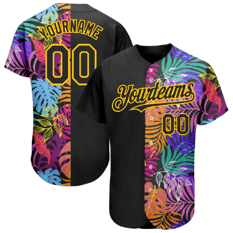 Premium quality baseball jerseys for adultsCustom Black Yellow 3D Pattern Design Hawaii Tropical Palm Trees Authentic Baseball Jersey