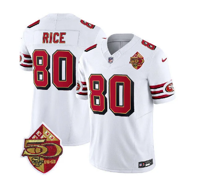 Soccer jerseys with team logos and colorsMen's San Francisco 49ers #80 Jerry Rice White 2023 F.U.S.E. 50th Patch Throwback Football Stitched Jersey