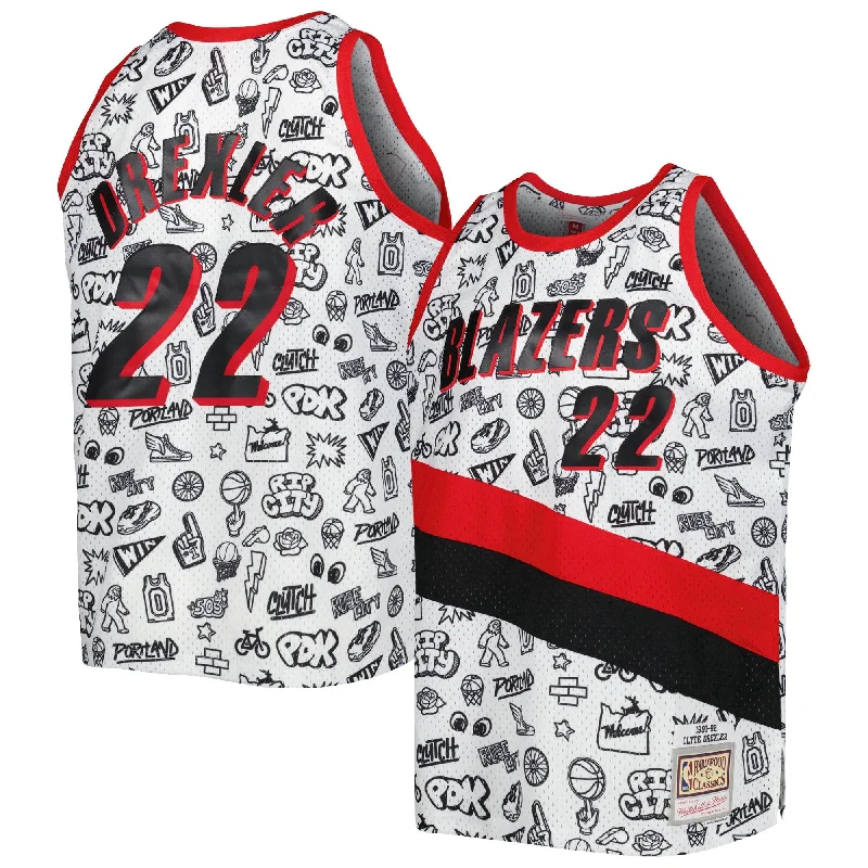 Basketball jerseys with modern designsClyde Drexler Portland Trail Blazers 1991/92 Hardwood Classics Doodle Swingman Player Basketball Jersey - White