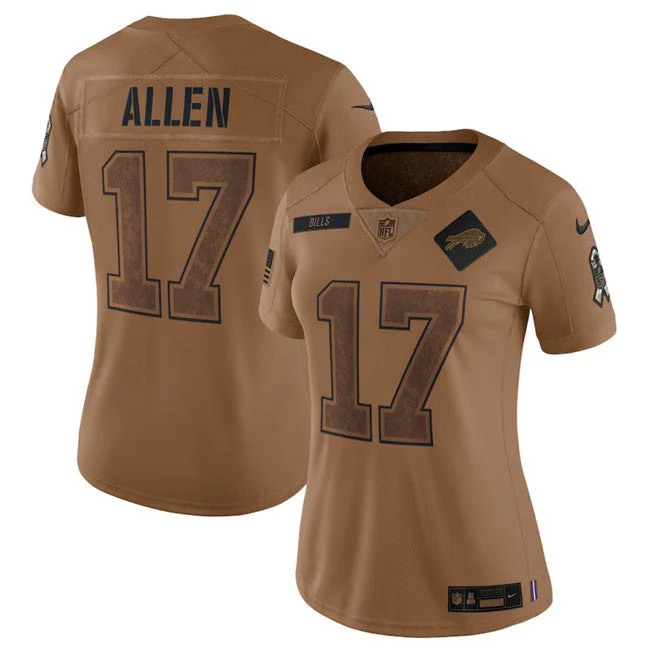 Soccer jerseys with numbers for visibilityWomen's Buffalo Bills #17 Josh Allen 2023 Brown Salute To Service Limited Football Stitched Jersey(Run Small)