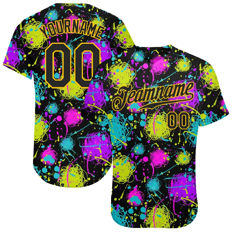 Customizable baseball jerseys with name and numberCustom Graffiti Pattern Black-Gold 3D Neon Splatter Authentic Baseball Jersey