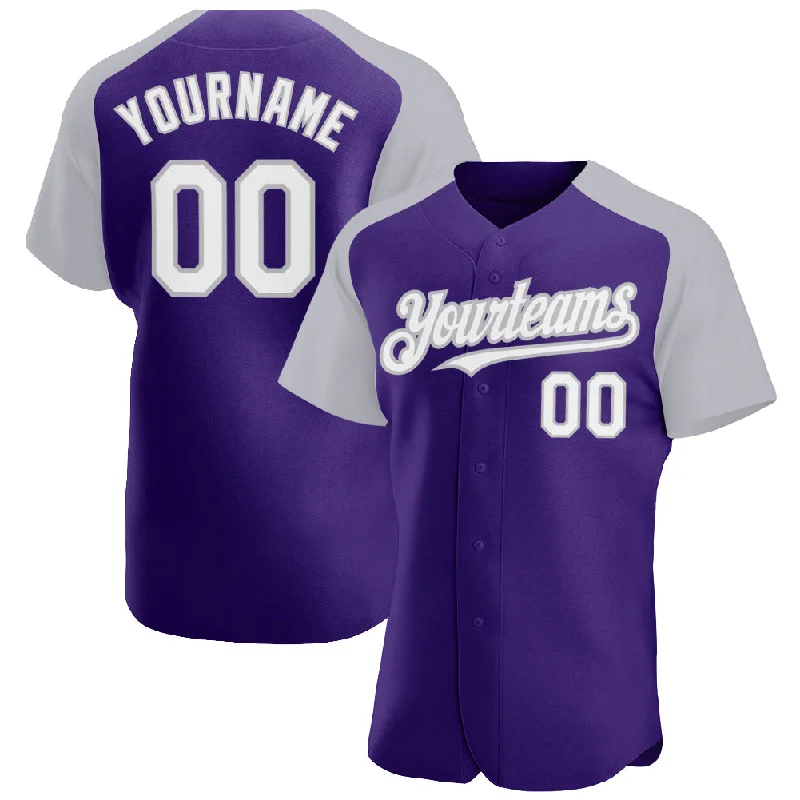 Youth baseball jerseys for boysCustom Purple White-Gray Authentic Raglan Sleeves Baseball Jersey