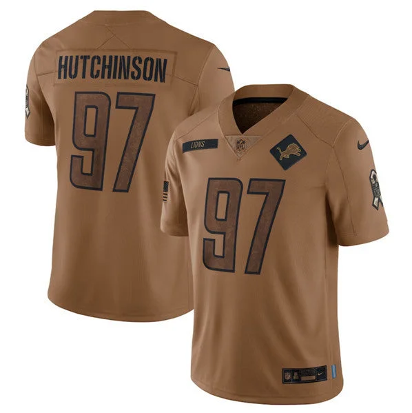 High school soccer jerseys for school teamsMen's Detroit Lions #97 Aidan Hutchinson 2023 Brown Salute To Service Limited Football Stitched Jersey