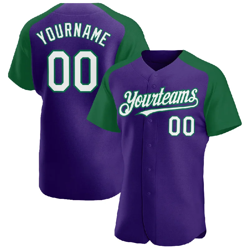 Comfortable baseball jerseys for warm weatherCustom Purple White-Kelly Green Authentic Raglan Sleeves Baseball Jersey