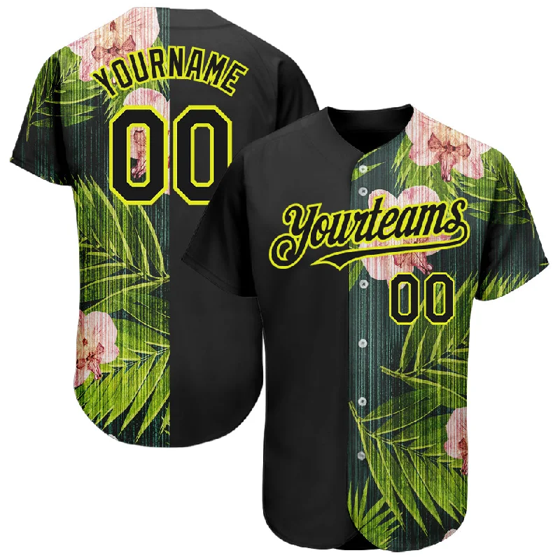 Youth baseball jerseys for boysCustom Black Neon Yellow 3D Pattern Design Hawaii Tropical Palm Leaves With Orchids Authentic Baseball Jersey