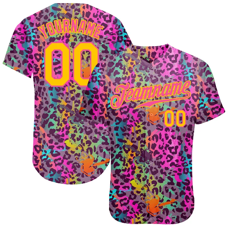 Baseball jerseys for summer leaguesCustom Graffiti Pattern Gold-Pink 3D Colorful Leopard Authentic Baseball Jersey