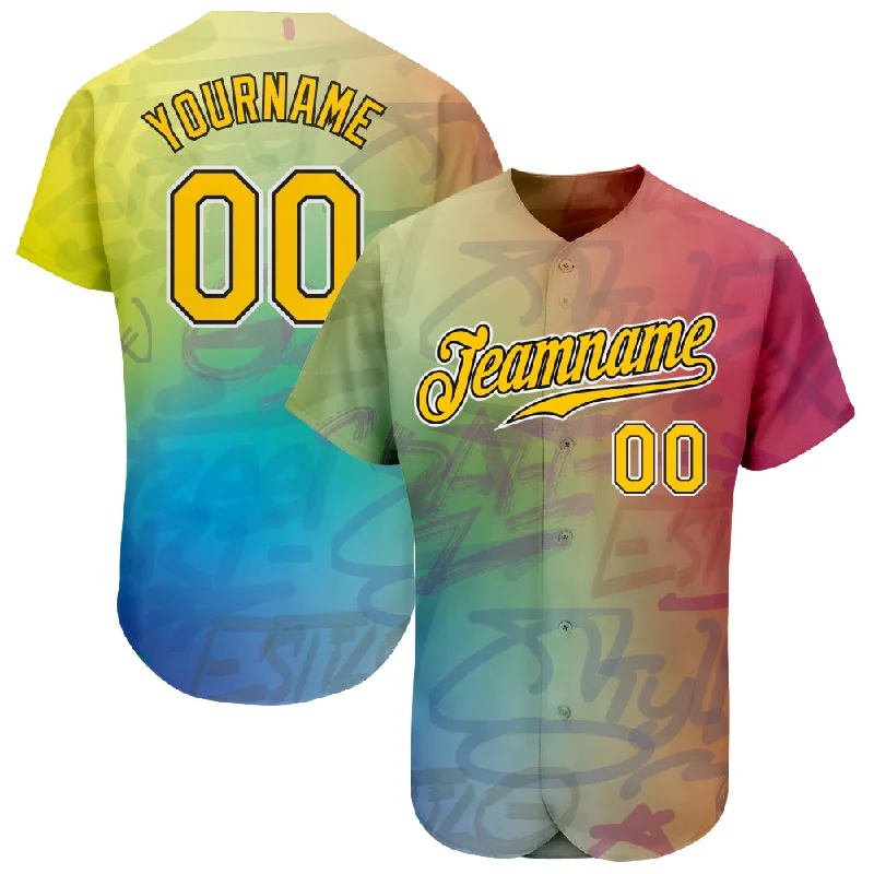 Personalized baseball jerseys for menCustom Graffiti Pattern Gold-Black 3D Authentic Baseball Jersey