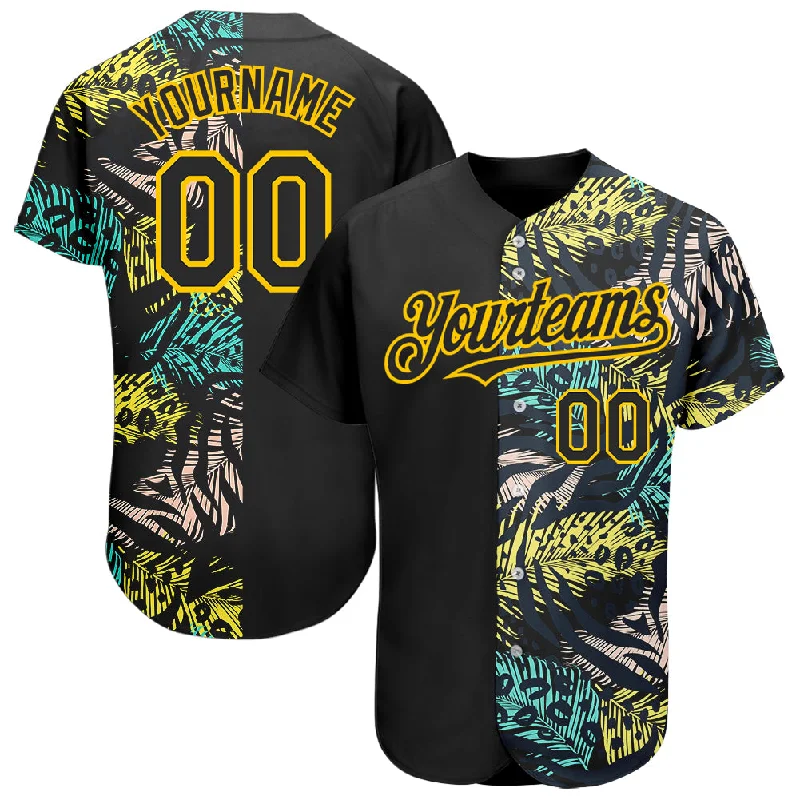 Baseball jerseys for summer leaguesCustom Black Yellow 3D Pattern Design Hawaii Tropical Palm Leaves With Animal Print Authentic Baseball Jersey