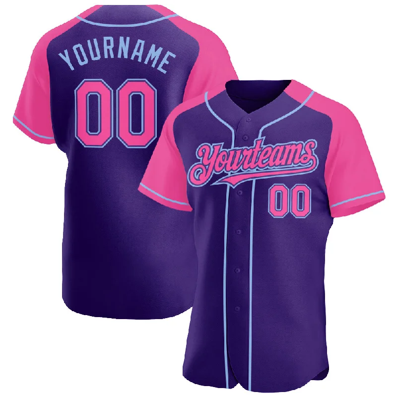 Premium quality baseball jerseys for adultsCustom Purple Pink-Light Blue Authentic Raglan Sleeves Baseball Jersey