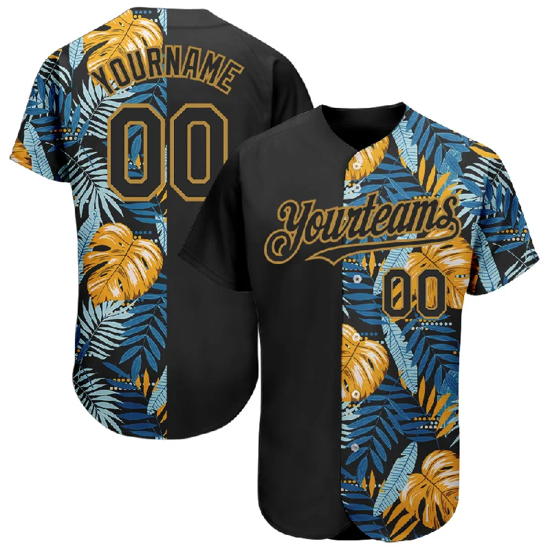 Youth baseball jerseys for boysCustom Black Old Gold 3D Pattern Design Hawaii Tropical Leaves Authentic Baseball Jersey