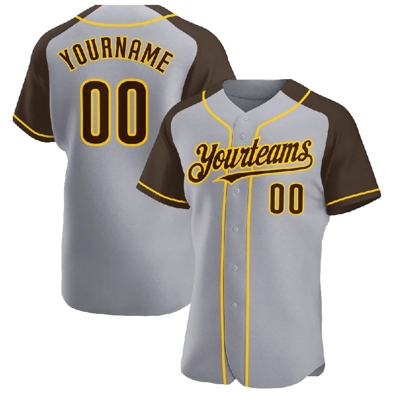 Baseball jerseys for summer leaguesCustom Gray Brown-Yellow Authentic Raglan Sleeves Baseball Jersey