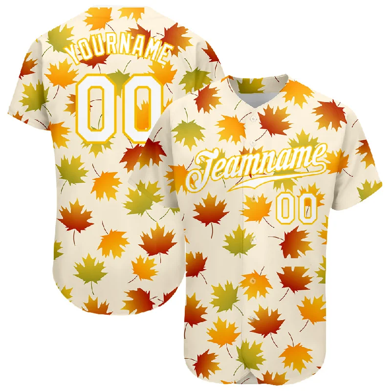 Youth baseball jerseys for boysCustom Cream White-Gold 3D Pattern Design Maple Leaf Authentic Baseball Jersey