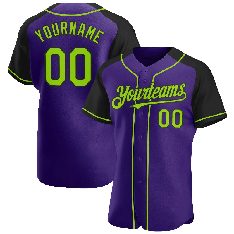 Baseball jerseys for youth athletesCustom Purple Neon Green-Black Authentic Raglan Sleeves Baseball Jersey